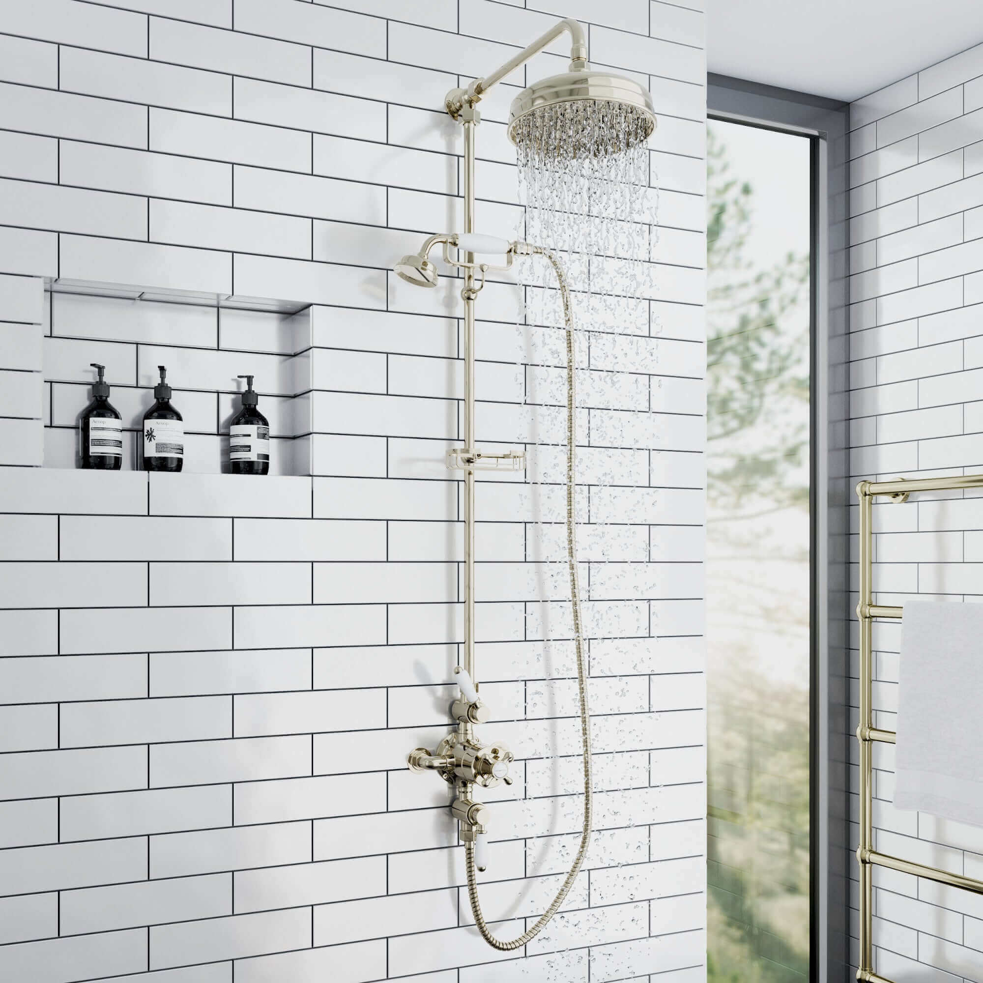 Buy Downton Exposed Traditional Thermostatic Shower Set 2 Outlet, Incl. Triple Shower Valve, Rigid Riser Rail, 200mm Shower Head, Telephone Style Ceramic Handset & Caddy - Gold Online UK | HOUSE OF ENKI